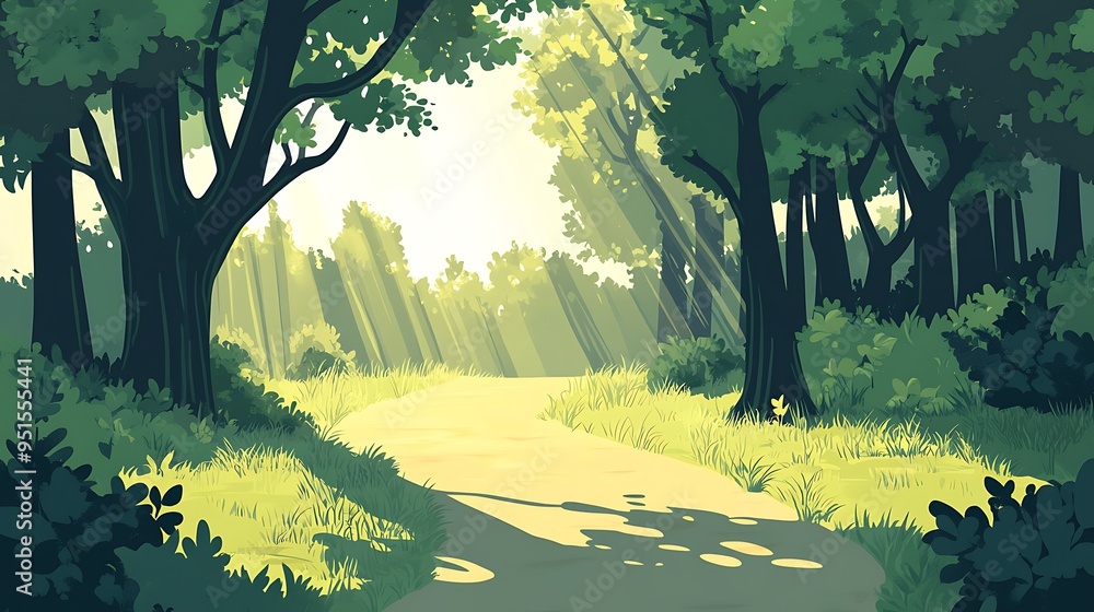 Poster sunbeams illuminating a path through a lush forest