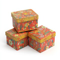 Obraz premium Three red boxes with floral pattern.