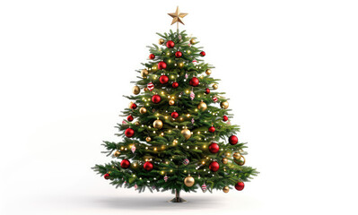 A vibrant 2D illustration of a Christmas tree adorned with classic red and gold ornaments , isolated white background