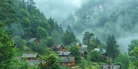 mountain village in the fog