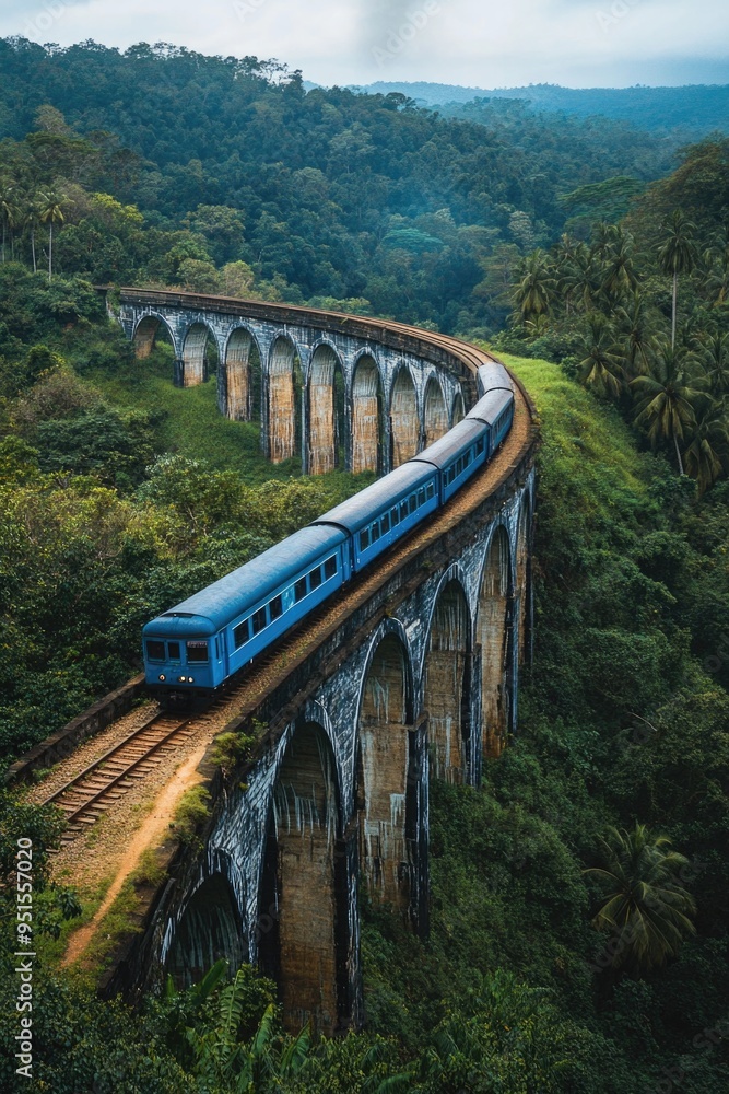 Canvas Prints blue train on jungle bridge