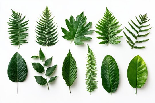 A collection of diverse green leaves arranged horizontally on a white background - Powered by Adobe