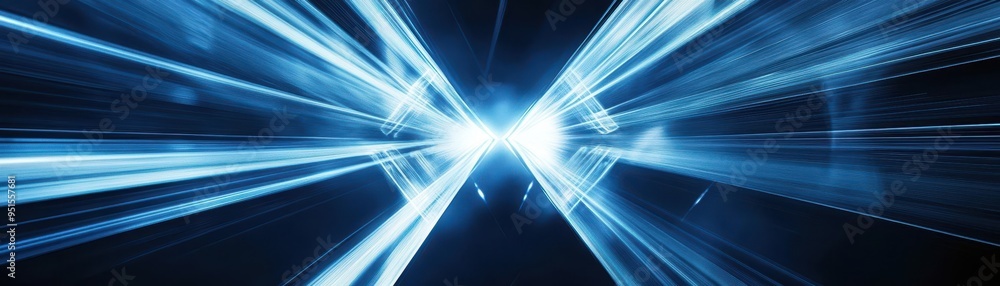 Poster abstract illustration of blue light beams radiating in a dynamic pattern, creating a futuristic and 