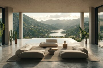 Fototapeta premium Modern Minimalist Living Space with Mountain View and Infinity Pool