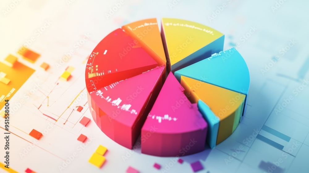 Aufkleber An abstract 3D pie chart with rotating sections, symbolizing dynamic data analysis and business growth, set against a light background.