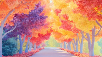 Autumn Trees Line Road, Colorful Fall Foliage