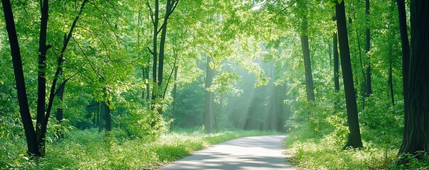 Bicycle path through dense forest, dappled sunlight filtering through leaves, immersive natural experience