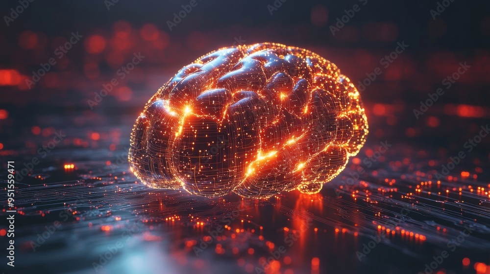 Fototapete An abstract digital representation of a brain with flowing circuits and data streams, illustrating the concept of artificial intelligence and machine learning.