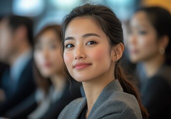 Diverse Group of Business Professionals Attending a Training Workshop, with a Focus on an Asian Woman Smiling During the Presentation in a Conference Room