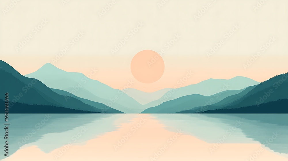 Wall mural silhouetted mountains and a large orange sun reflected in a still lake