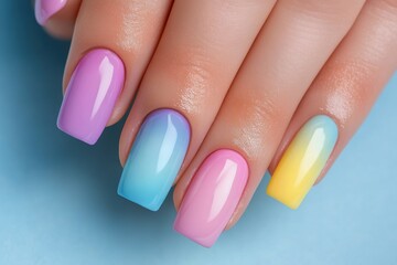 Obraz premium Pastel rainbow manicure on elegant female hand