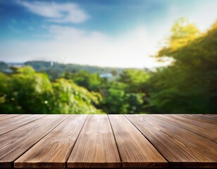 Wooden Table with Lush Green Balcony Backdrop
