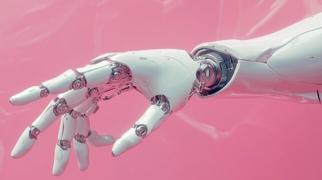 Robotic Hand with Metallic Joints on Pink Background Generative AI