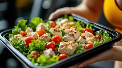 Close-up of chicken salad in black box held by sporty woman in gym, healthy food concept