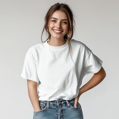 Young woman model dressed in white oversized tshirt, studio shot. Blank tee front view mockup. Girl, mom short sleeve t-shirt design template. Crewneck basic tshirt mock up	