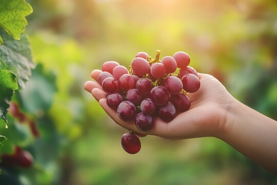 Against a vineyard background, a hand holds a bunch of freshly harvested grapes, highlighting the agricultural theme