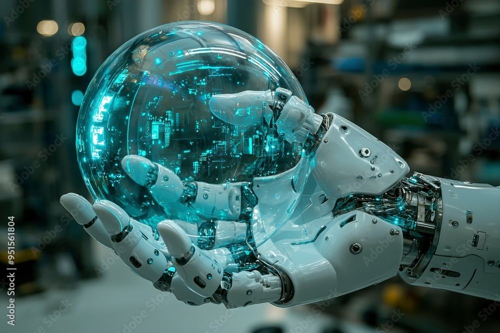 Poster a robotic hand holding a transparent orb with glowing circuitry inside