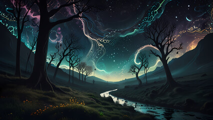 surreal dreamscape where flowing lines and dots create a sense of movement and magic, as if the very air is charged with spellbinding energy and ancient secrets