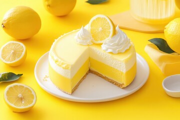 Vibrant yellow lemon cheesecake on sunny background