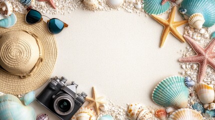 Naklejka premium A calm beach scene with a sunhat, camera, and seashells on soft sand. This flat lay composition is perfect for conveying the serenity and simplicity of a relaxing day by the sea