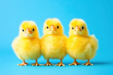 Fototapeta premium Three cute chicks standing together on blue background