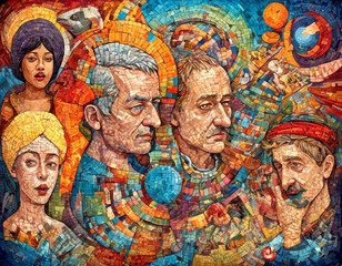 Colorful mosaic artwork featuring diverse faces and vibrant patterns in a gallery