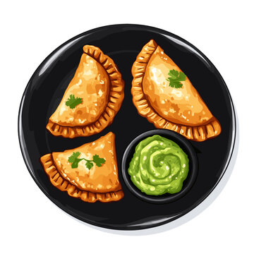 savory empanadas with green sauce on black plate clip art preview