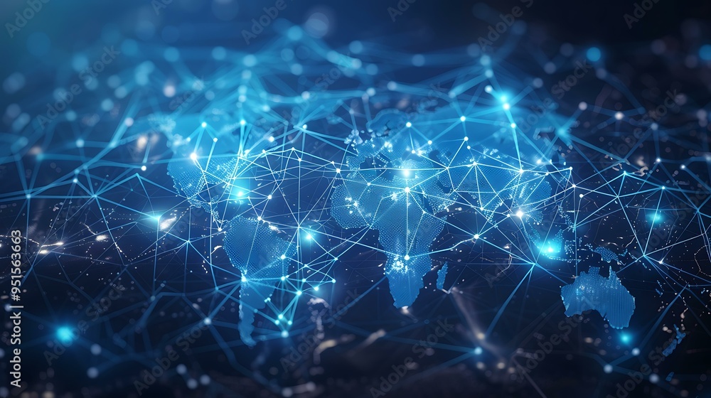 Poster a blue glowing world map with bright lines connecting various points, representing global data trans