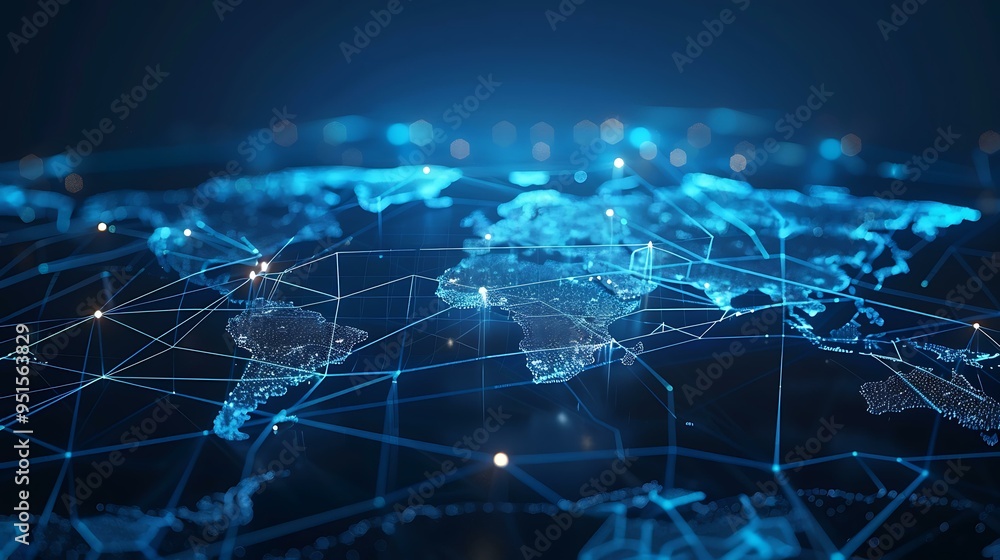 Poster a blue glowing world map with bright lines connecting various points, representing global data trans