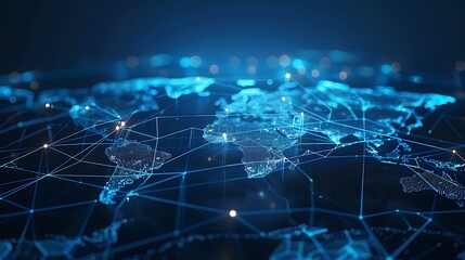A blue glowing world map with bright lines connecting various points, representing global data transfer, against a dark cyber technology background with abstract digital elements