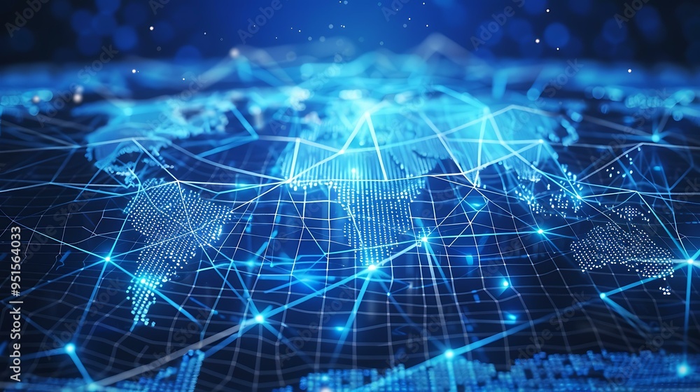 Poster A digital world map illuminated in blue with interconnected lines symbolizing data transfer and global communication, surrounded by a high-tech cyber backdrop with abstract elements