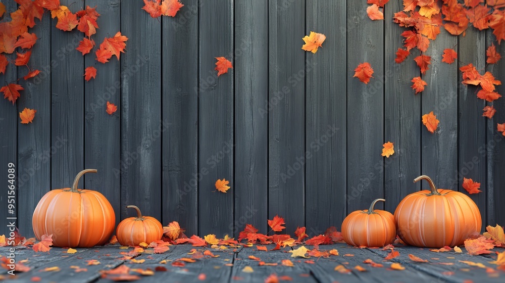 Wall mural a beautiful autumn composition featuring pumpkins and colorful leaves arranged near a rustic wooden 