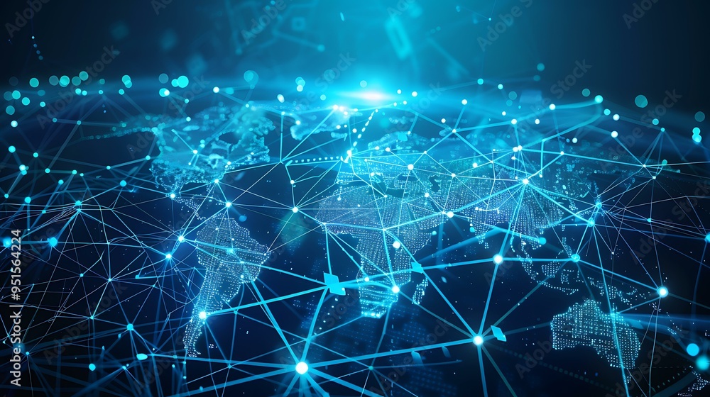 Poster A digital world map illuminated in blue with interconnected lines symbolizing data transfer and global communication, surrounded by a high-tech cyber backdrop with abstract elements