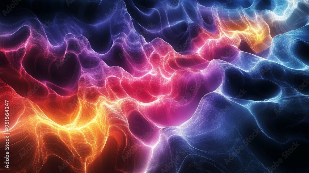 Poster An artistic representation of electric waves intertwining, creating a mesmerizing pattern of light and color on a dark, smooth surface.