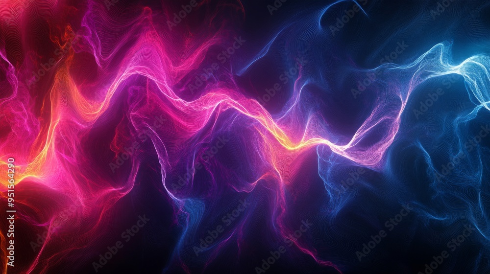 Poster An artistic representation of electric waves intertwining, creating a mesmerizing pattern of light and color on a dark, smooth surface.