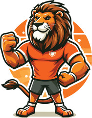 ion mascot clenching his fist, in a orange t-shirt, full body, flat design style 1 © Animasi