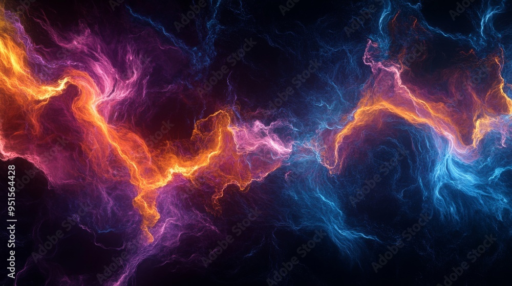Poster an artistic representation of electric waves intertwining, creating a mesmerizing pattern of light a