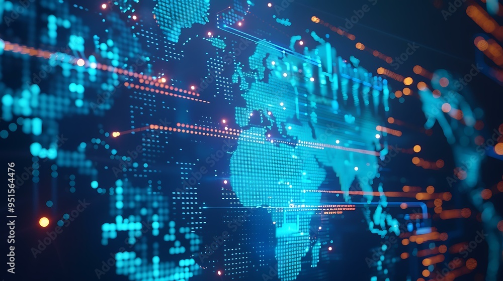 Poster a global network visualization featuring a glowing blue world map with dynamic data transfer lines a