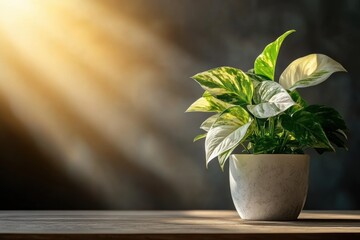 Sunlight caressing indoor potted variegated pothos plant on wooden surface
