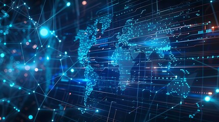 Naklejka premium A futuristic digital network with a blue-toned world map at the center, showcasing global connectivity through bright, glowing lines and dots, set on a sleek cyber background