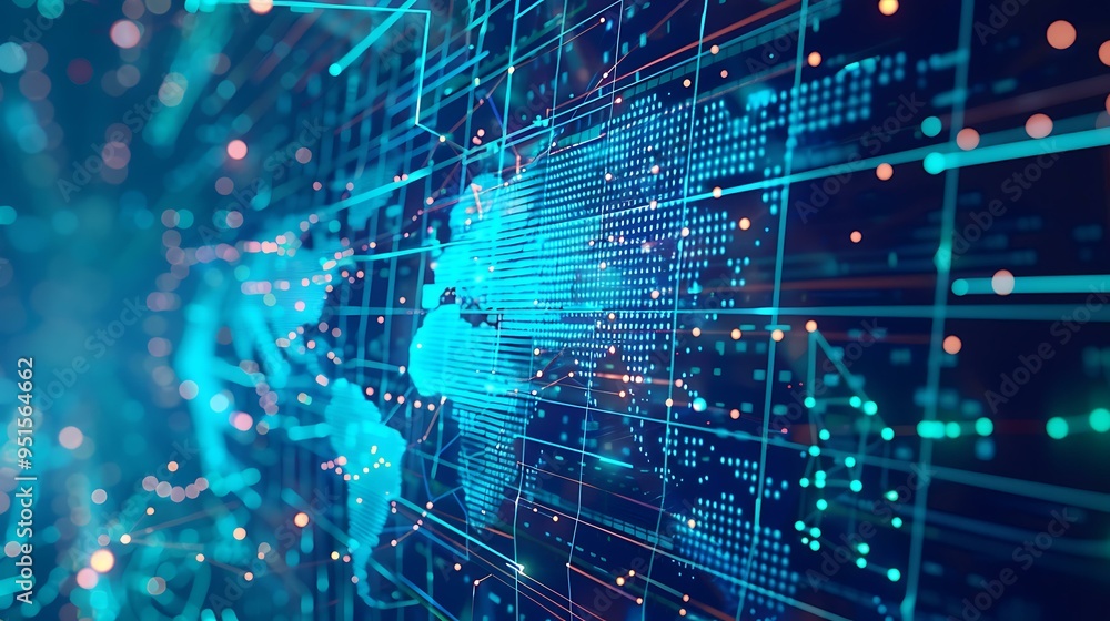 Poster A global network visualization featuring a glowing blue world map with dynamic data transfer lines and abstract digital patterns in the background, highlighting worldwide digital connections