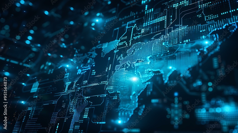 Poster a technological representation of global networking with a blue-glowing world map, showcasing data f