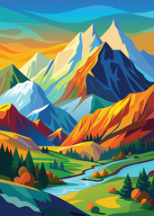 Illustration rocky mountains on the river mountains above the lake nature