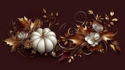 Metallic foil pumpkin pie with intricate golden leaf designs, set against a deep burgundy background, elegant and luxurious, pop art style, vibrant colors