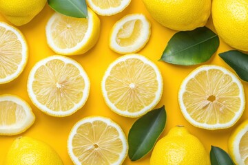 Fototapeta premium Fresh lemons lemon slices on vibrant yellow background