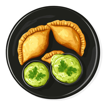 golden empanadas with green sauce on black plate clip art preview