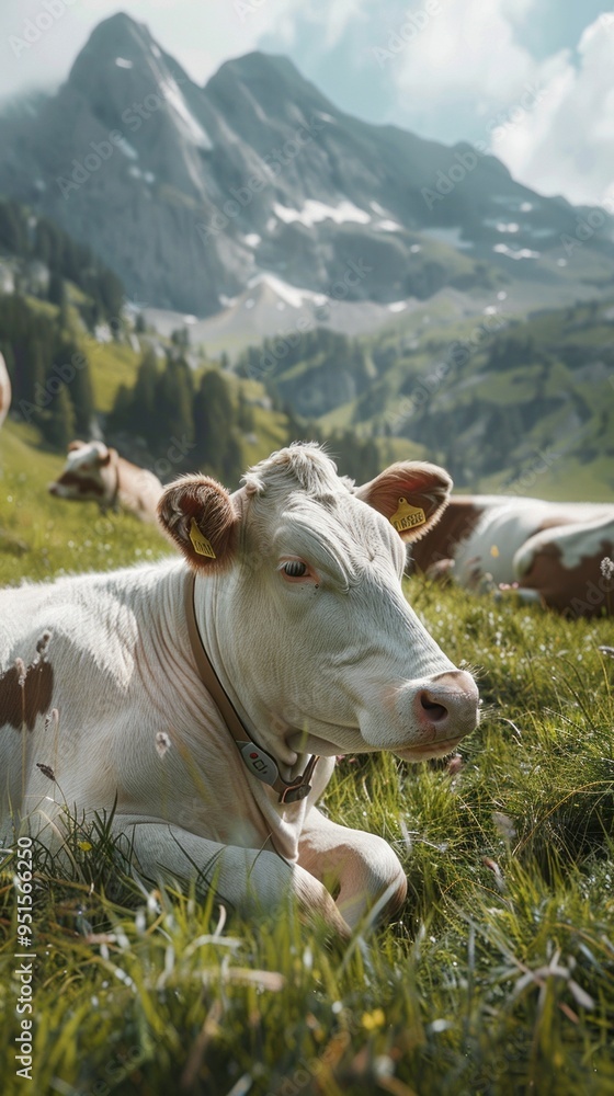 Poster a cow is laying in a field with mountains in the background