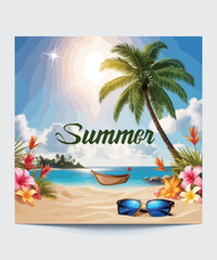 Fototapeta premium Summer background of blue and green, blurred foliage and sky with bright bokeh. Blurry abstract summer background.