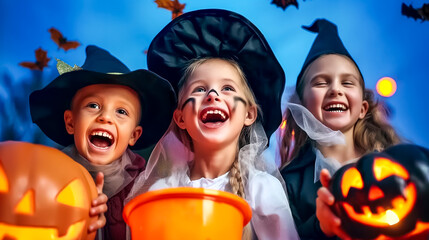 Fototapeta premium Three joyful children dressed as witches and holding carved pumpkins enjoy a Halloween evening, surrounded by colorful decorations and falling leaves