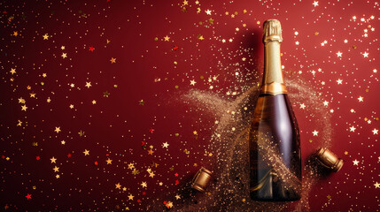 Fototapeta premium A celebratory champagne bottle with sparkling gold confetti on a rich red backdrop, perfect for festive occasions.